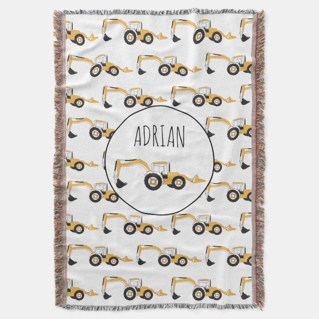Backhoe Construction Truck Custom Name Throw Blanket (Front Vertical)