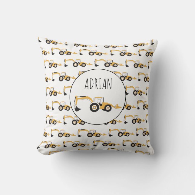 Backhoe Construction Truck Custom Name Throw Pillow (Front)