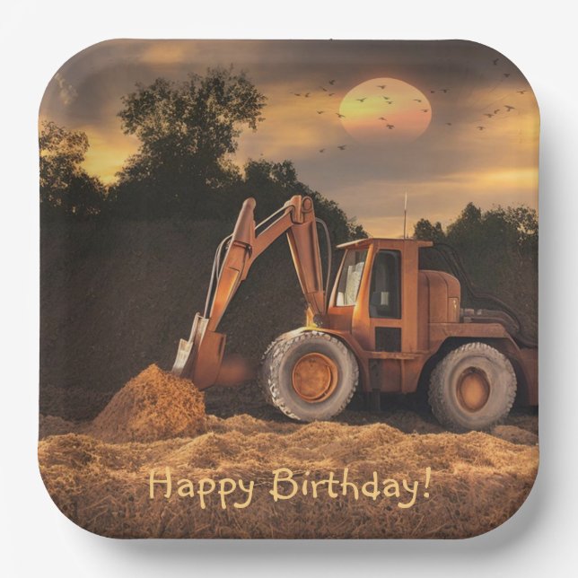 Backhoe Happy Birthday Paper Plates (Front)