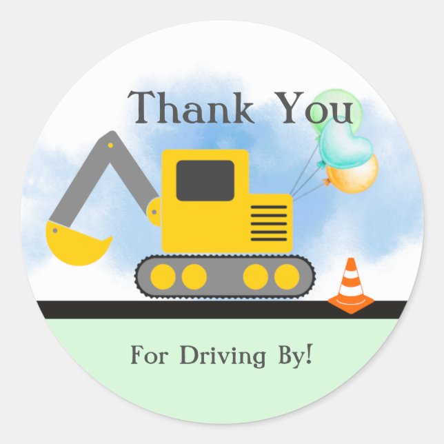 Backhoe Thank You, Drive By Birthday, Shower Classic Round Sticker (Front)