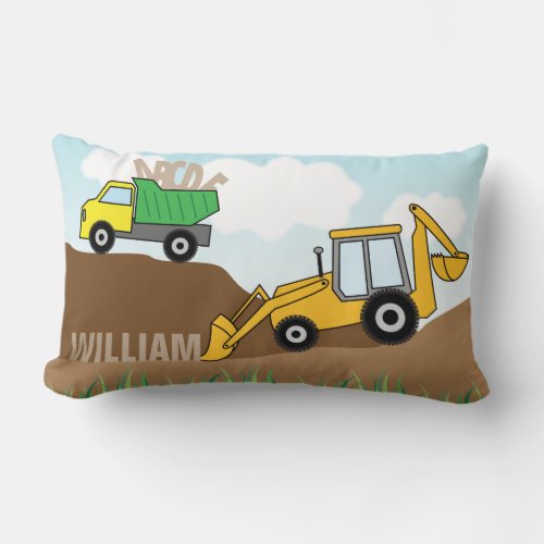 Backhoe with Loader and Dump Truck Personalized Lumbar Pillow