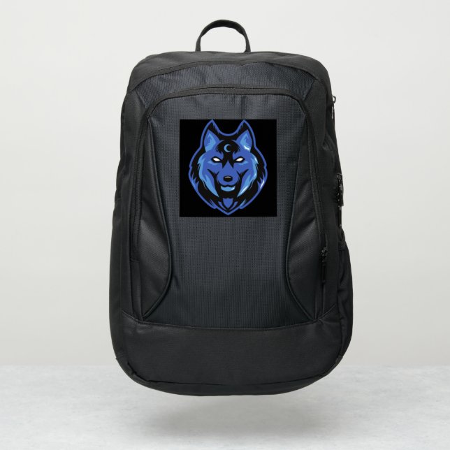 Backpack Black, Blue Wolf Moon Design  (Front)