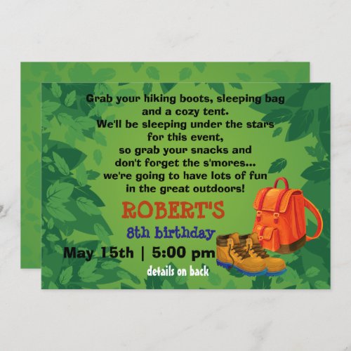BackPack  Boots Camping Party Birthday Invitation