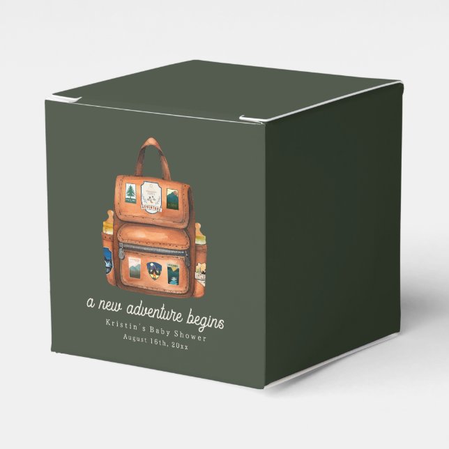 Backpack + Bottles Green Woodland Baby Shower Favor Boxes (Front Side)
