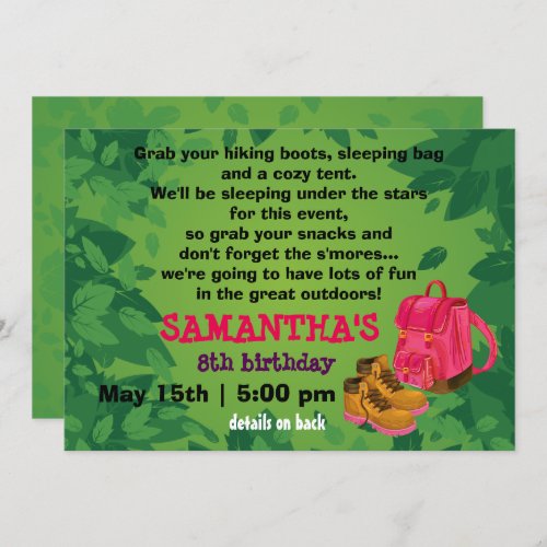 BackPack Girls Camping Birthday Party Invitation
