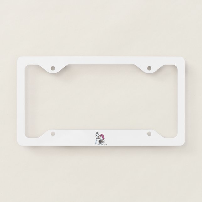 Backpack Snowman car license plate frame b (Front)