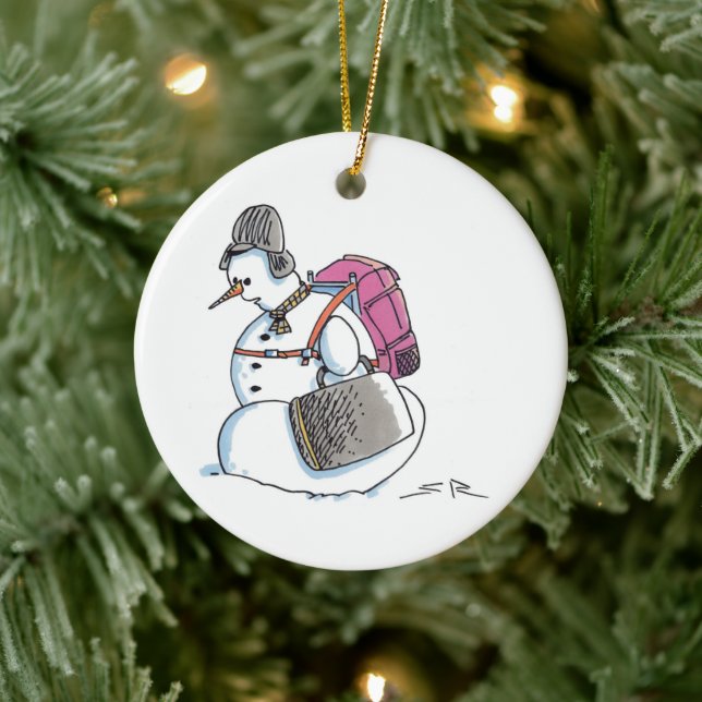 Backpack Snowman round ceramic ornament (Tree)