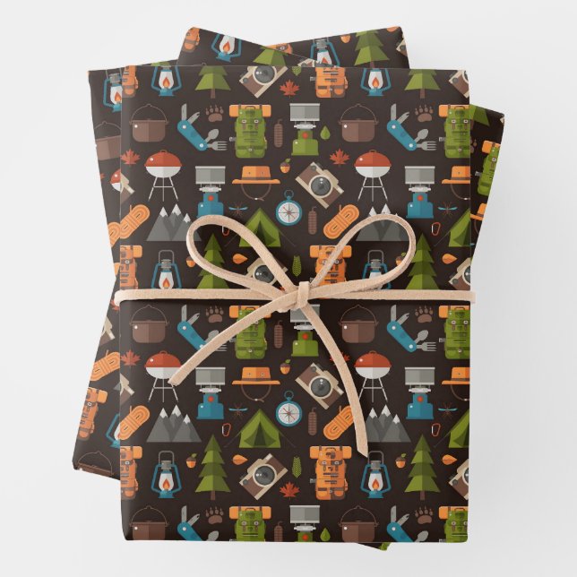 Backpack Tent Bushcraft Camping Pattern 2 Wrapping Paper Sheets (In situ)