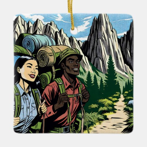 Backpacking Couple Hiking Trail through Mountains Ceramic Ornament