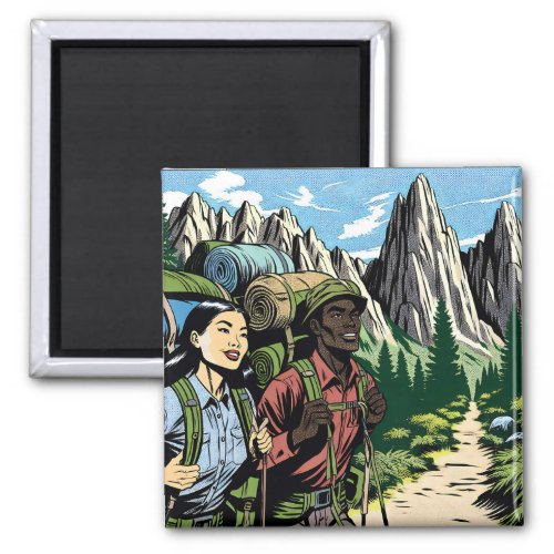 Backpacking Couple Hiking Trail through Mountains Magnet