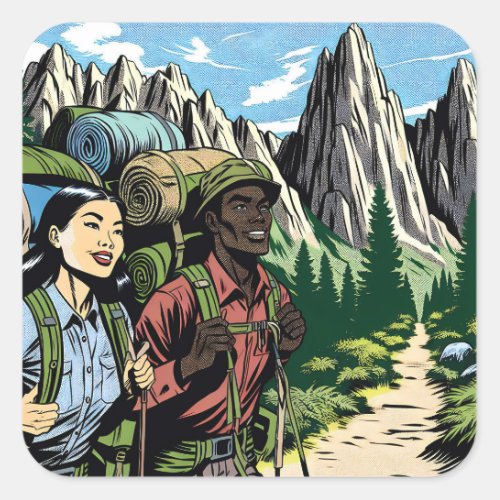 Backpacking Couple Hiking Trail through Mountains Square Sticker