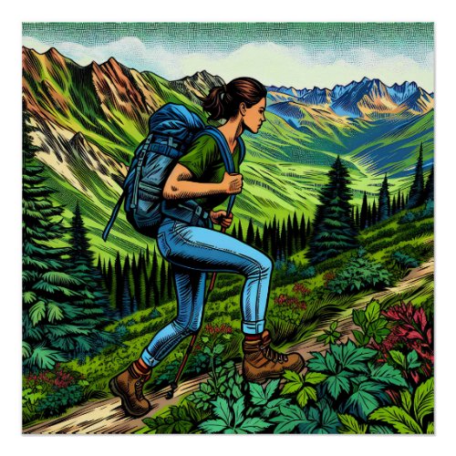 Backpacking Girl Hiking the Trail Poster