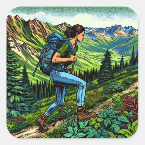 Backpacking Girl Hiking the Trail Square Sticker