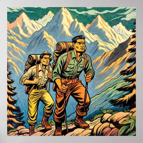 Backpacking Men Hiking Trail through Mountains Poster