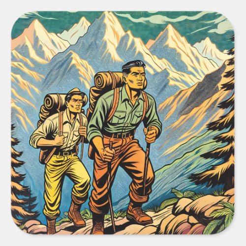 Backpacking Men Hiking Trail through Mountains Square Sticker