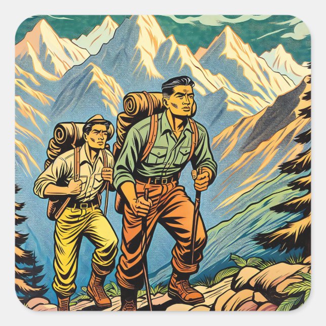 Backpacking Men Hiking Trail through Mountains Square Sticker (Front)