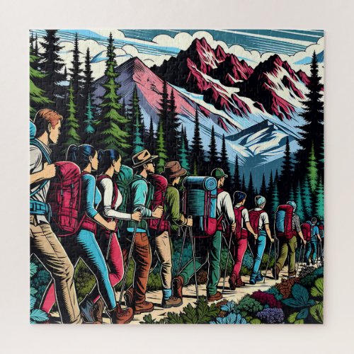 Backpacking People Hiking Trail through Mountains Jigsaw Puzzle