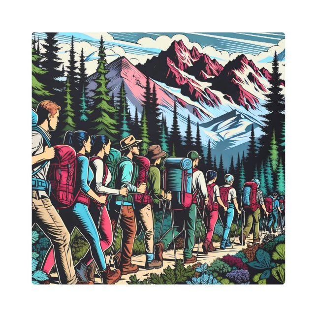 Backpacking People Hiking Trail through Mountains Metal Print (Front)