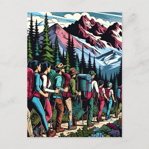 Backpacking People Hiking Trail through Mountains Postcard