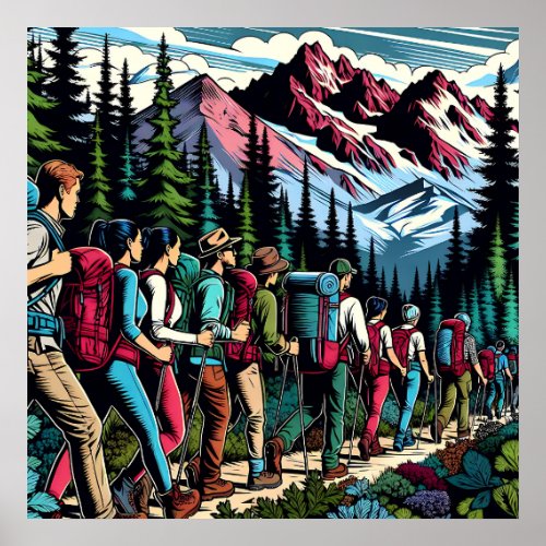Backpacking People Hiking Trail through Mountains Poster