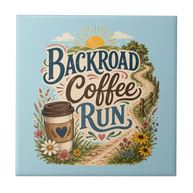 Backroad Coffee Run Country Folk Sunrise Ceramic Tile (Front)
