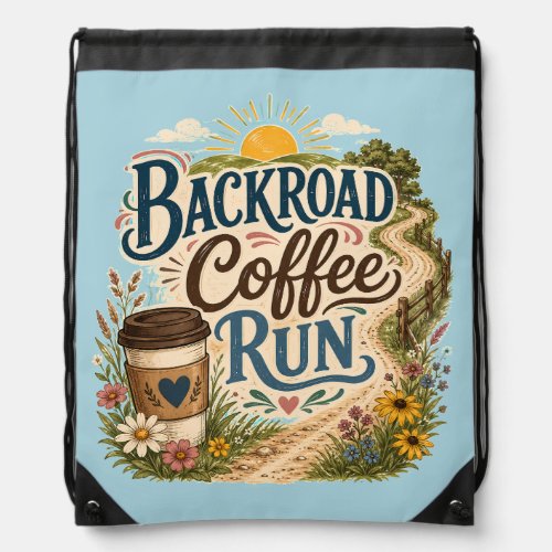 Backroad Coffee Run Country Folk Sunrise  Drawstring Bag