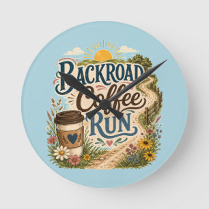 Backroad Coffee Run Country Folk Sunrise Round Clock