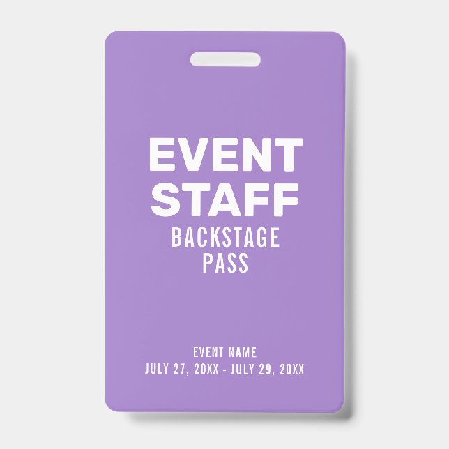Backstage Pass Event Staff Purple ID Badge (Front)