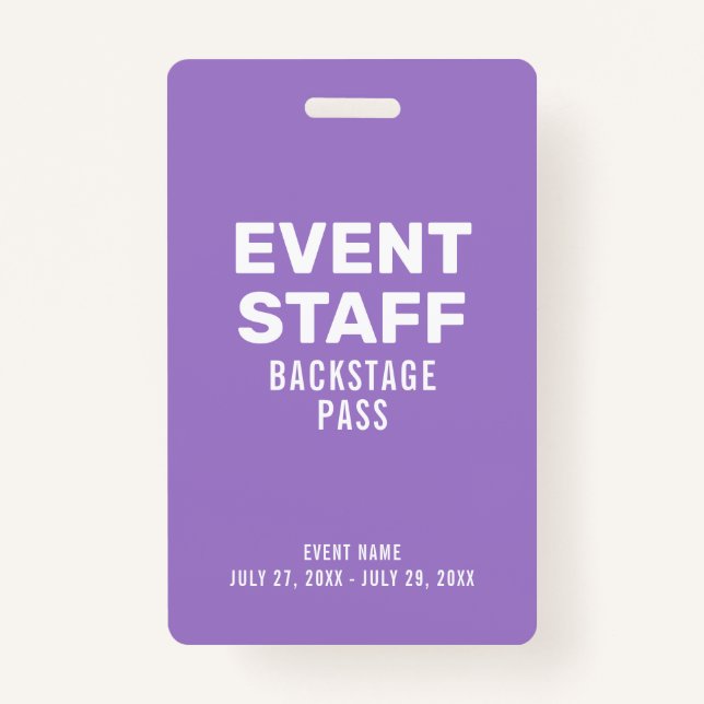 Backstage Pass Event Staff Purple ID Badge (Front)