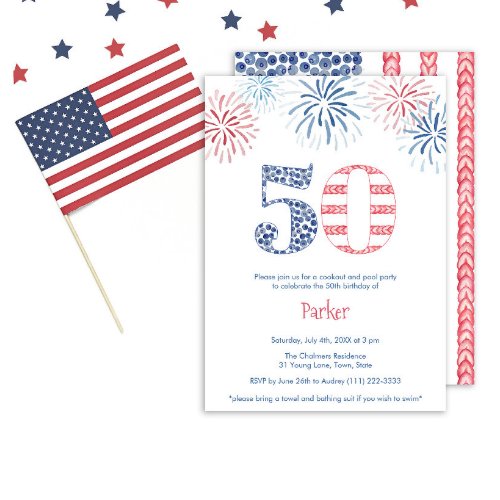 Backyard 50th Birthday Bash Red White  Blue Fun Invitation