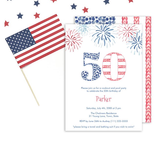 Backyard 50th Birthday Bash: Red, White & Blue Fun Invitation (A vibrant patriotic 50th birthday invitation with the number 50 in blue and white and red)
