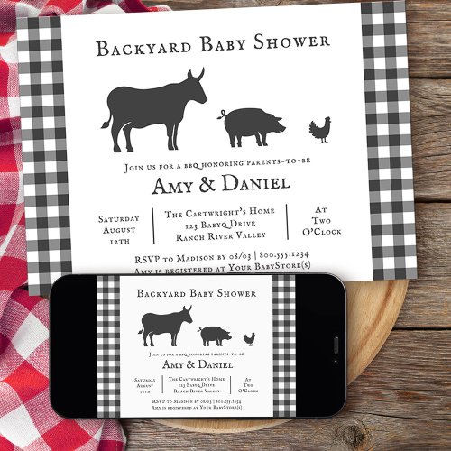 Backyard Baby Shower Rustic Grey Plaid Invitation