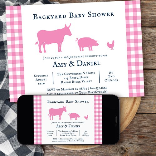Backyard Baby Shower Rustic Pink Navy Invitation