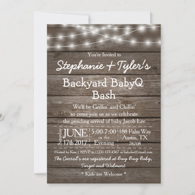 Backyard BabyQ Bash Lights Wood Rustic Baby Shower Invitation (Front)