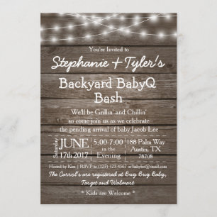 Backyard BabyQ Bash Lights Wood Rustic Baby Shower Invitation