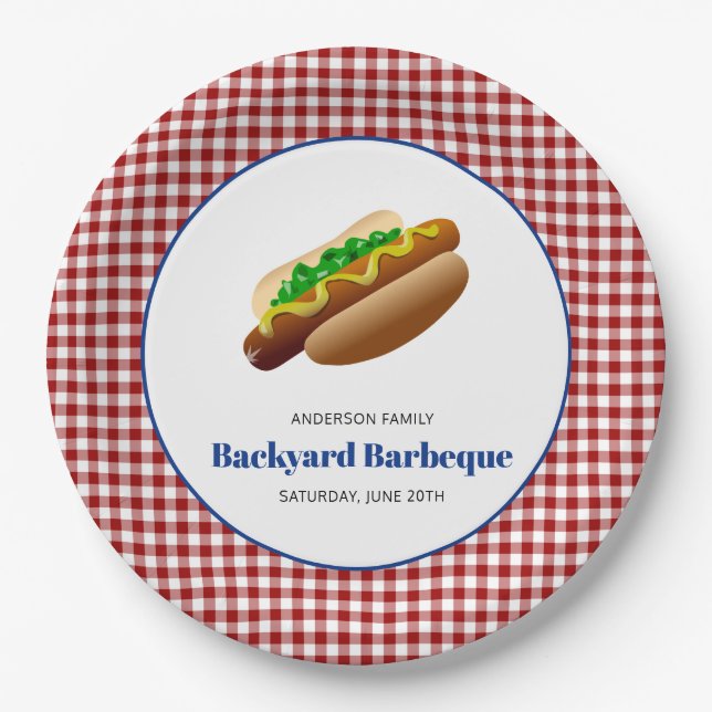 Backyard Barbeque Hot Dogs | Red Checked Paper Plates (Front)