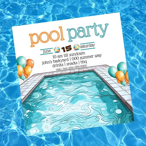 Backyard BBQ and Pool Party in Aqua Blue  Orange Invitation