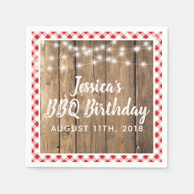 Backyard BBQ Birthday Party Gingham Wood Rustic Napkins (Front)