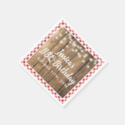 Backyard BBQ Birthday Party Gingham Wood Rustic Napkins Zazzle