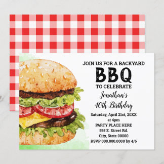 Backyard BBQ birthday watercolor burgers party Invitation