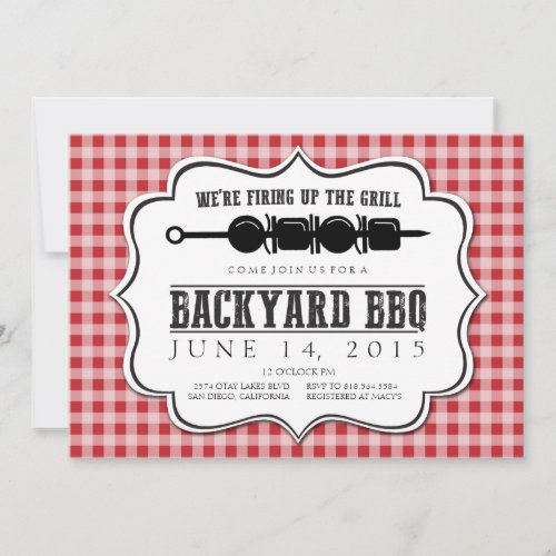 Backyard BBQ Grill with Red Gingham Invitation