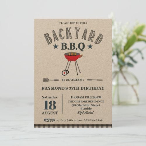 Backyard BBQ Male Birthday Black Gingham Craft Invitation