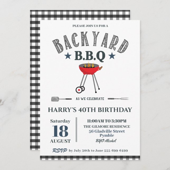 Backyard BBQ Male Birthday Black Gingham  Invitation (Front/Back)
