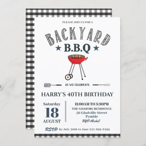 Backyard BBQ Male Birthday Black Gingham  Invitation