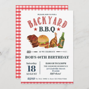 Backyard BBQ Male Birthday Red Gingham Beer Invitation