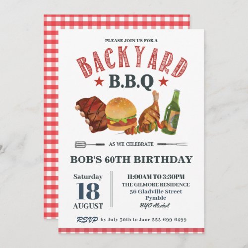 Backyard BBQ Male Birthday Red Gingham Beer Invitation