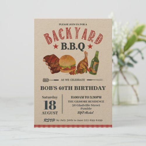 Backyard BBQ Male Birthday Red Gingham Craft Invit Invitation