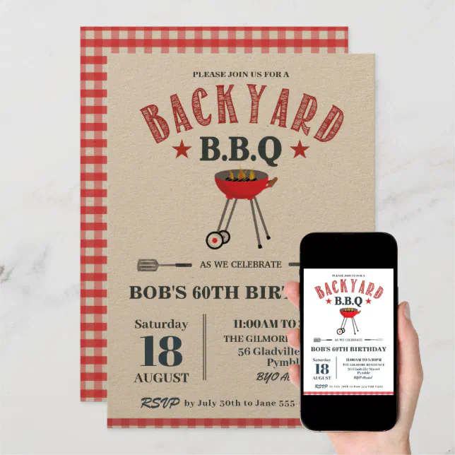 Backyard BBQ Male Birthday Red Gingham Craft Invitation | Zazzle