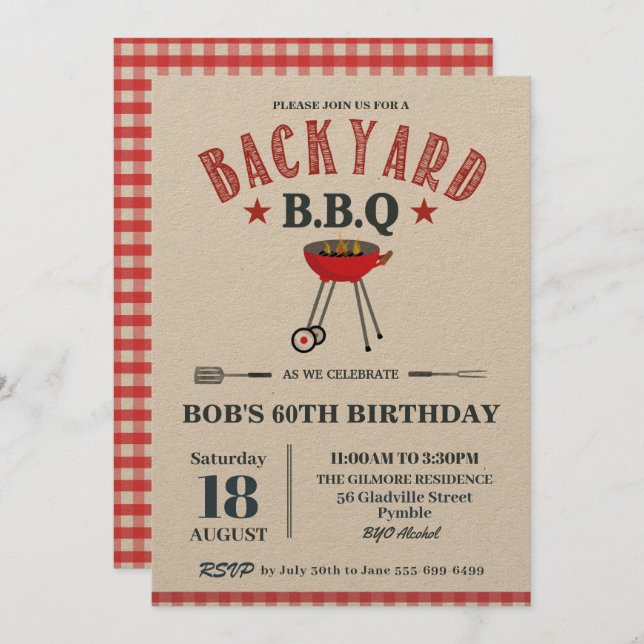 Backyard BBQ Male Birthday Red Gingham Craft Invitation (Front/Back)