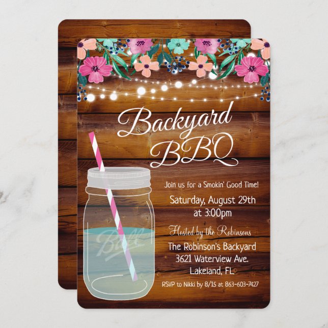 Backyard BBQ Mason Jar Invitation (Front/Back)